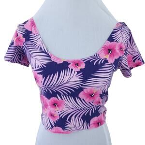PINK Victoria's Secret Floral Cropped Top Small Pink Purple Palm Print Top